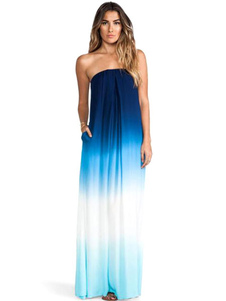 Robe bleue longue en polyester dégradé à dos décolleté bustier