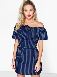 Robe d’été épaule nue ébouriffées Minirobe rayée