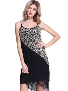 Mini robe fantastique en polyester unicolore avec frange col rond