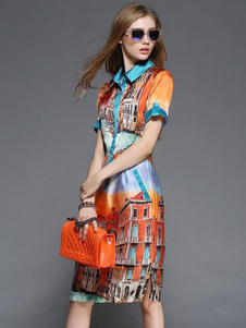 Robe orange foncé charmante rétro droite en polyester impression col large