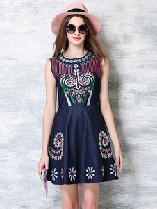 Robe bleue magnifique skater rétro en coton impression brodé col rond