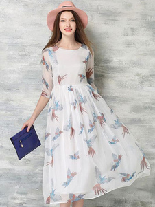 Robe blanche longue en chiffon impression plissé col rond