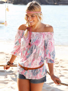 Épaule nue chemisier imprimé coton mélange vrac haut à manches demi