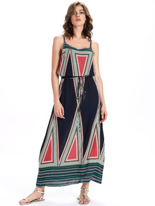 Robe longue rouge en coton mélangé imprimé géométrique à dos décolleté avec lacets à bretelles