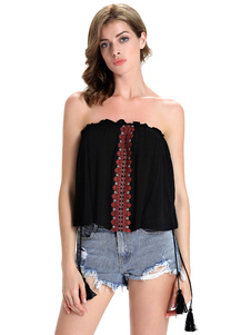 Charmant débardeur féminin de plage noir unicolore plissé à bretelles réglables sans manches