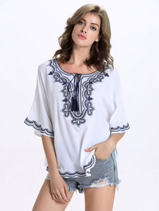 Blouse féminin casual en coton mélangé blanc unicolore brodé à ceinture coulissante