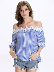 Blouse féminin bleuélégant en coton mélangé avec rayure à volants froissé