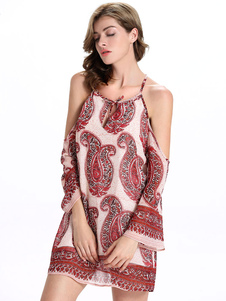 Bretelles Spaghetti manches longues imprimé robe de plage