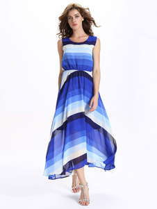 Robe longue bleue en chiffon avec rayure surdimensionné imprimé fleuri col rond