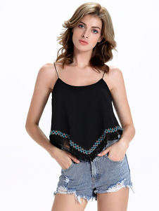 Charmant débardeur féminin casual noir unicolore avec frange à bretelles devant court et derrière lo