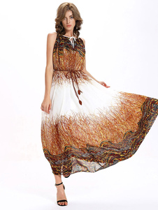 Robe longue en chiffon impression plissé revers embelli