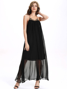 Robe longue noire en chiffon unicolore à demi-transparence plissé et bretelles