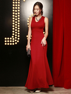 Robe rouge longue unicolore en polyester convenable col V