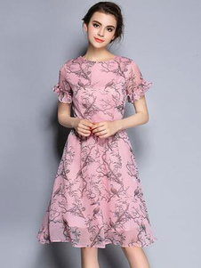 Magnifique Robe rose skater mode en chiffon impression Pendentif Oiseaux à volants col rond