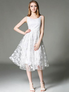 Dentelle blanche Skater sans manches robe moderne Summer Party Wear