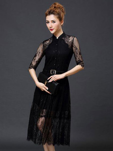 Stand demi-manchon Slim Fit semi sheer Maxi Robe col