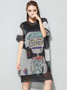 T-shirt transparent noir robe manches courtes robe