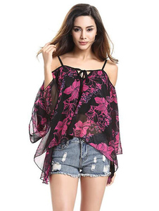 Sangles Bell Sleeve imprimé chemisier en mousseline de soie