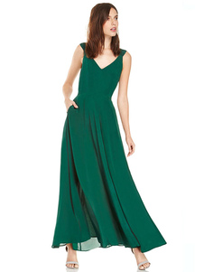 Robe longue du cou V sans manches en mousseline de soie Maxi robe dos-nu