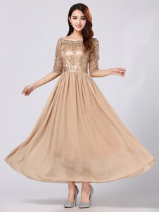 Demi-manchon bijou cou dentelle robe Maxi