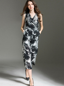 Col en v sans manches Harem Combi-pantalon imprimé