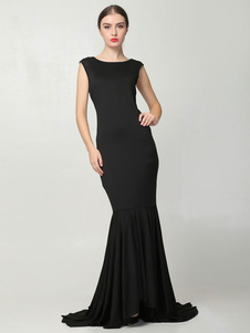 Robe noire longue en rayonne à dos décolleté col rond