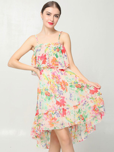 Robe d'été abricot claire en rayonne imprimé fleurie à bretelles