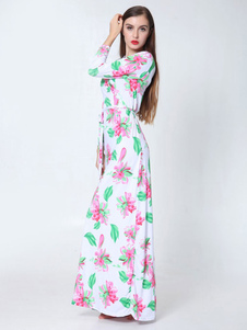 Manches longues robe Boho Floral impression Maxi robe