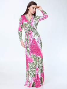 Robe longue en rayonne imprimé fleuri convenable col V à mancherons