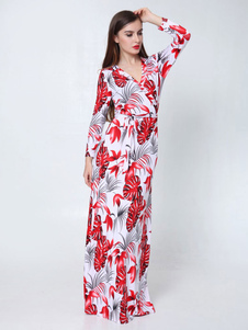 Robe rouge longue en rayonne imprimé fleuri convenable col V à mancherons