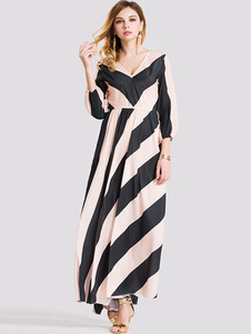 Mousseline de soie robe asymétrique Stripes Half Sleeve robe longue