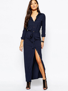 Split Front haut robe longue col v manches longues robe Maxi