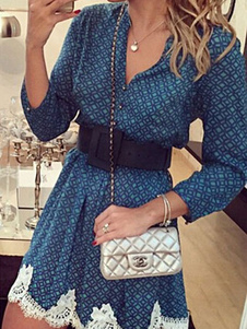 Col en v manches longues dentelle volantée robe Vintage