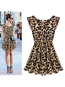 Bijou sans manches encolure Leopard Print Dress Vintage