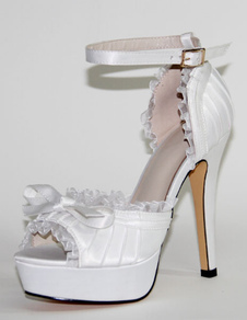 Lacet de chaussures de mariée plissée archets Platform Heels