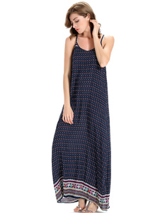 Robe longue bleue foncé en coton mélangé impression à dos décolleté et bretelles