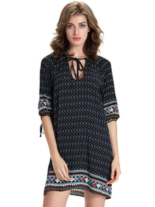 Fabuleuse robe noire droite casual en coton mélangé impression surdimensionné avec lacets col rond