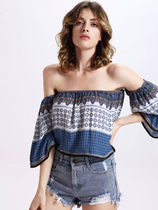 Populaire débardeur féminin bleu impression hors de l'épaule demi-manches