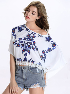 Blouse blanc casual en lin de coton imprimé fleuri froissé