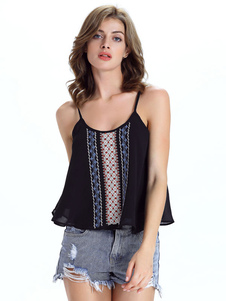 Populaire débardeur féminin de plage noir unicolore plissé à bretelles et dos décolleté sans manches