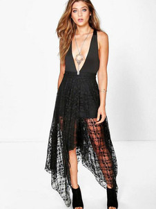 Plongeant cou Maxi robe dentelle sans manches été robe en noir rose