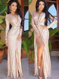 Maxi Robe col en v manches longues paillettes robe de Cocktail