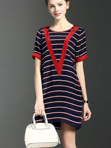 Noir rayé robe manches courtes T-shirt robe