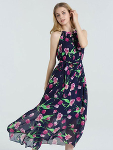 Robe d’été bleu Chiffonr Halter Maxi Dress Semi-shee Beach