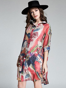 Moitié manches en mousseline de soie longue chemise pour femmes Shift robe