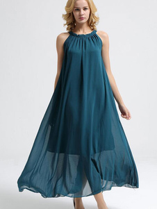 Robe longue verte en chiffon unicolore surdimensionné avec lacets col ras du cou
