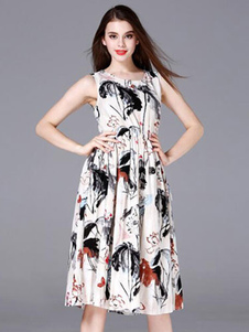 Robe sans manches Floral Prined Skater en mousseline de soie robe d’été blanche
