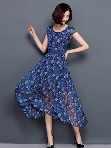 Blue Chiffon Maxi Dress Floral Printed Summer Dress