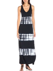 Longueur de plancher sans manches coton robe Maxi en noir