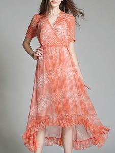 Volants imprimé semi sheer haute basse Design robe Maxi